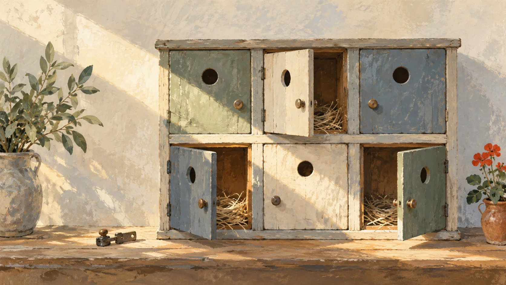 Open compartments remain visible in a cabinet after nearby doors close