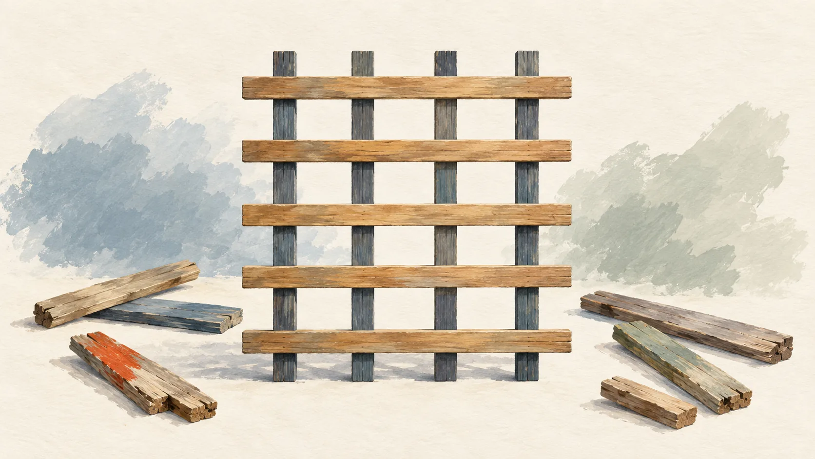 A regular wooden lattice stands apart from loose slats