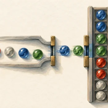 Matching marbles pass through a gate once even when several matches exist