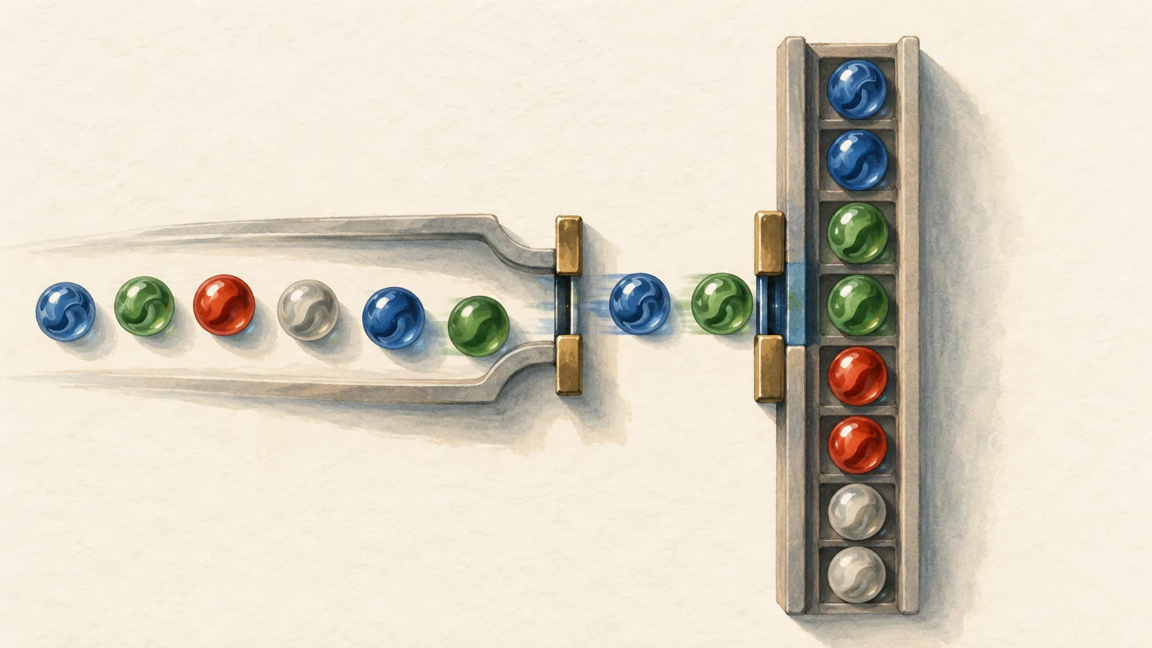 Matching marbles pass through a gate once even when several matches exist