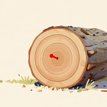 The cut end of a log showing clear growth rings, a vermilion pin marking the outermost ring.
