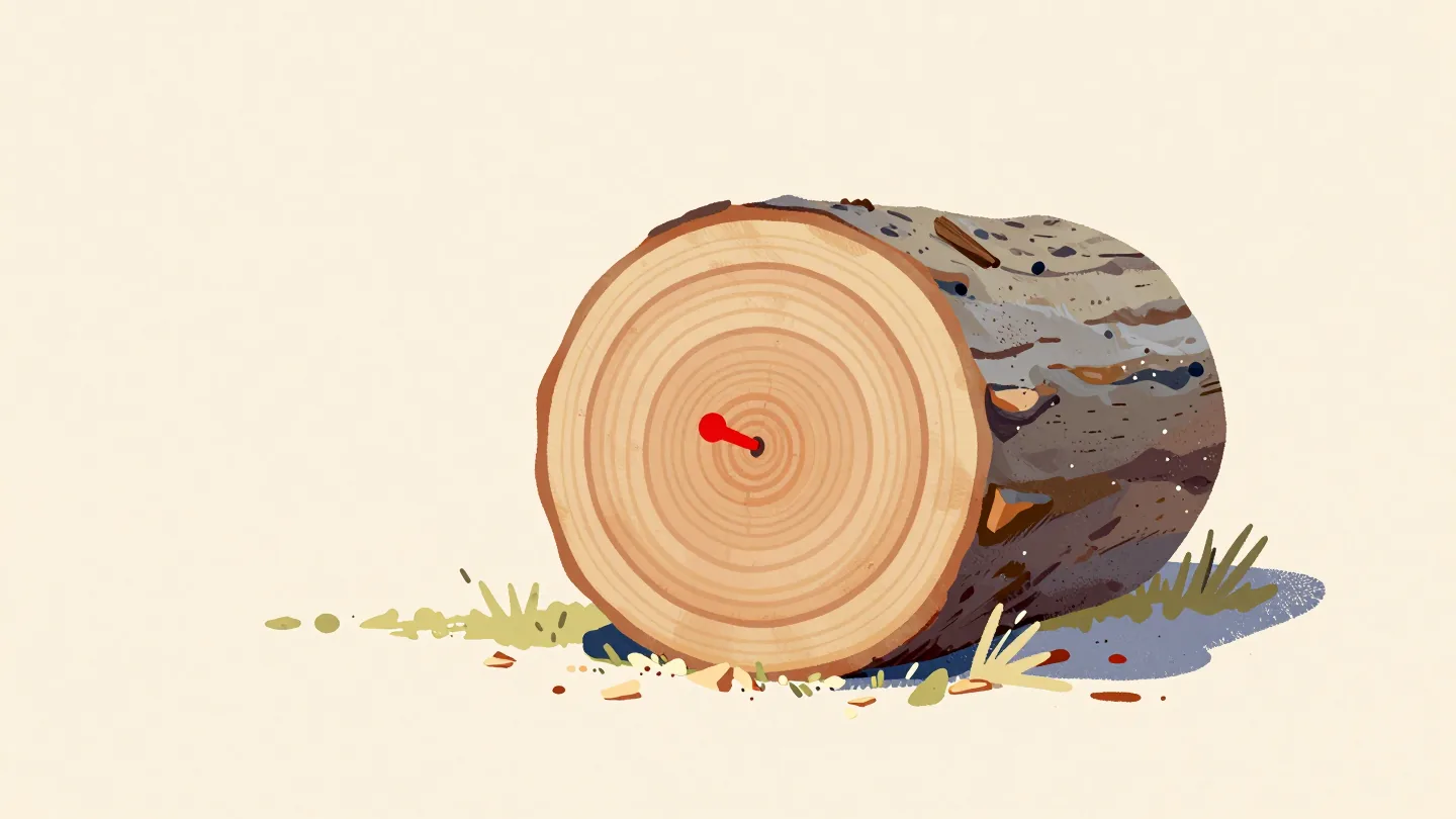 The cut end of a log showing clear growth rings, a vermilion pin marking the outermost ring.