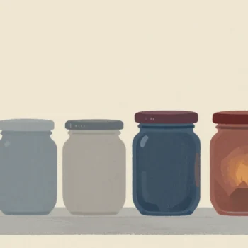 Gouache painting: a pantry shelf with a row of jam jars of different heights, two jars of exactly the same height standing side by side; one of the two has a vermilion lid