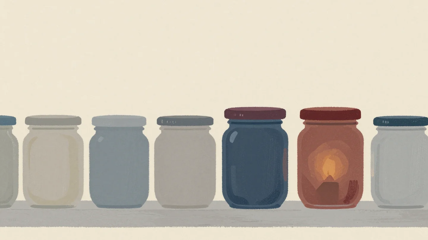 Gouache painting: a pantry shelf with a row of jam jars of different heights, two jars of exactly the same height standing side by side; one of the two has a vermilion lid