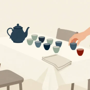 A hand sets the last cup beside a tea urn and neat rows of cups on an outdoor trestle table.