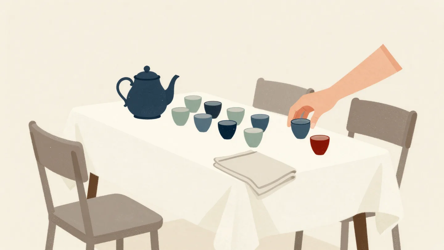 A hand sets the last cup beside a tea urn and neat rows of cups on an outdoor trestle table.