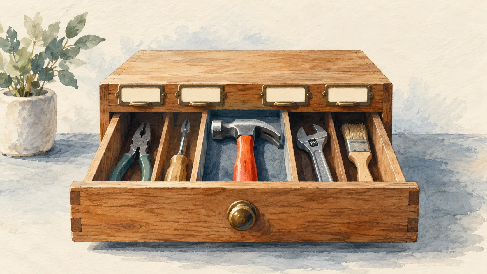 A tool drawer groups the core tools and extra tools in different compartments