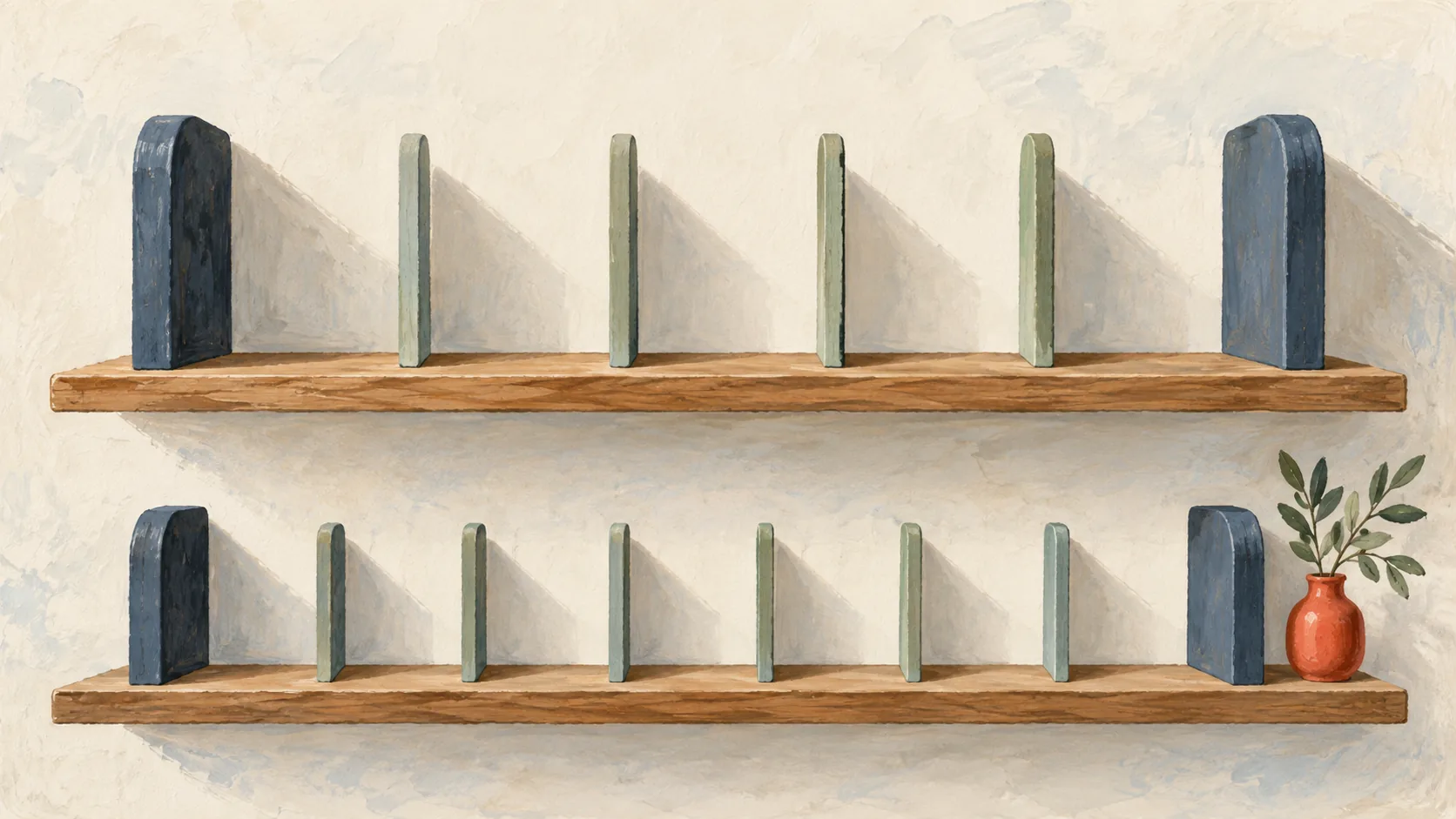 Evenly spaced bookends show deliberate gaps