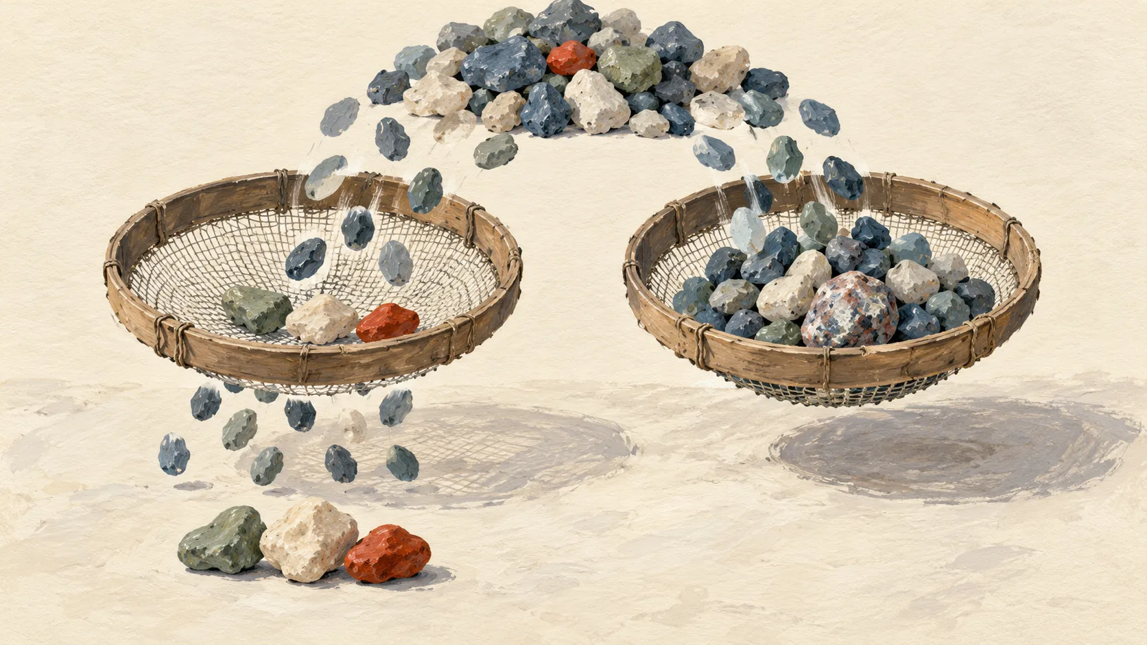 Two sieves handle repeated stones and one unmatched stone differently