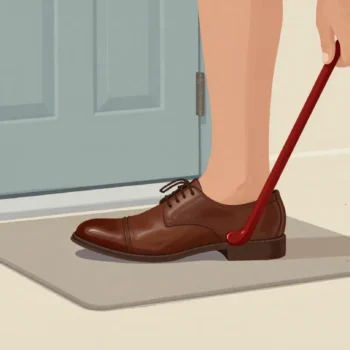 A hand guiding a red shoehorn into the heel of a stiff new leather shoe by a front door.