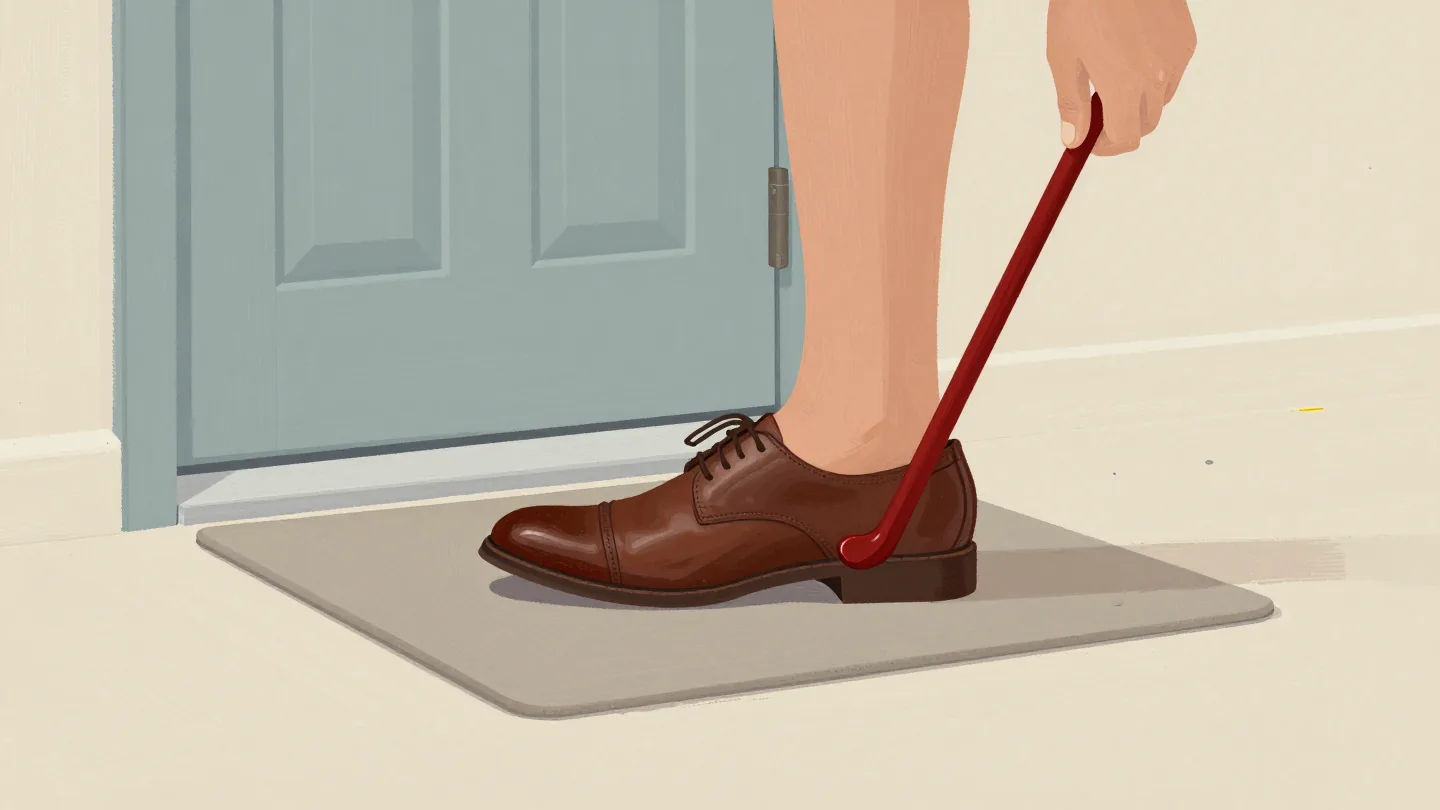 A hand guiding a red shoehorn into the heel of a stiff new leather shoe by a front door.