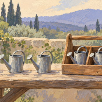 Three separate watering cans stand beside three cans held in one carrier