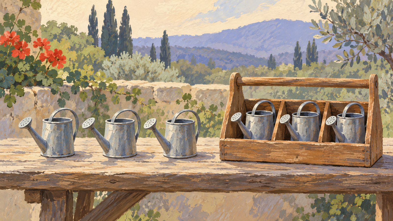 Three separate watering cans stand beside three cans held in one carrier