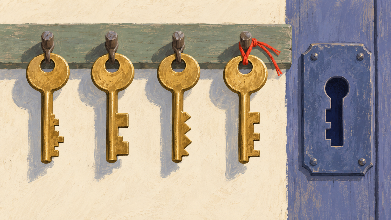 Similar-looking keys have different notch profiles, with one marked by a vermilion thread