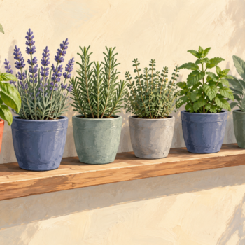 Seven herb pots form a sequence with the beginning marked by a vermilion pot