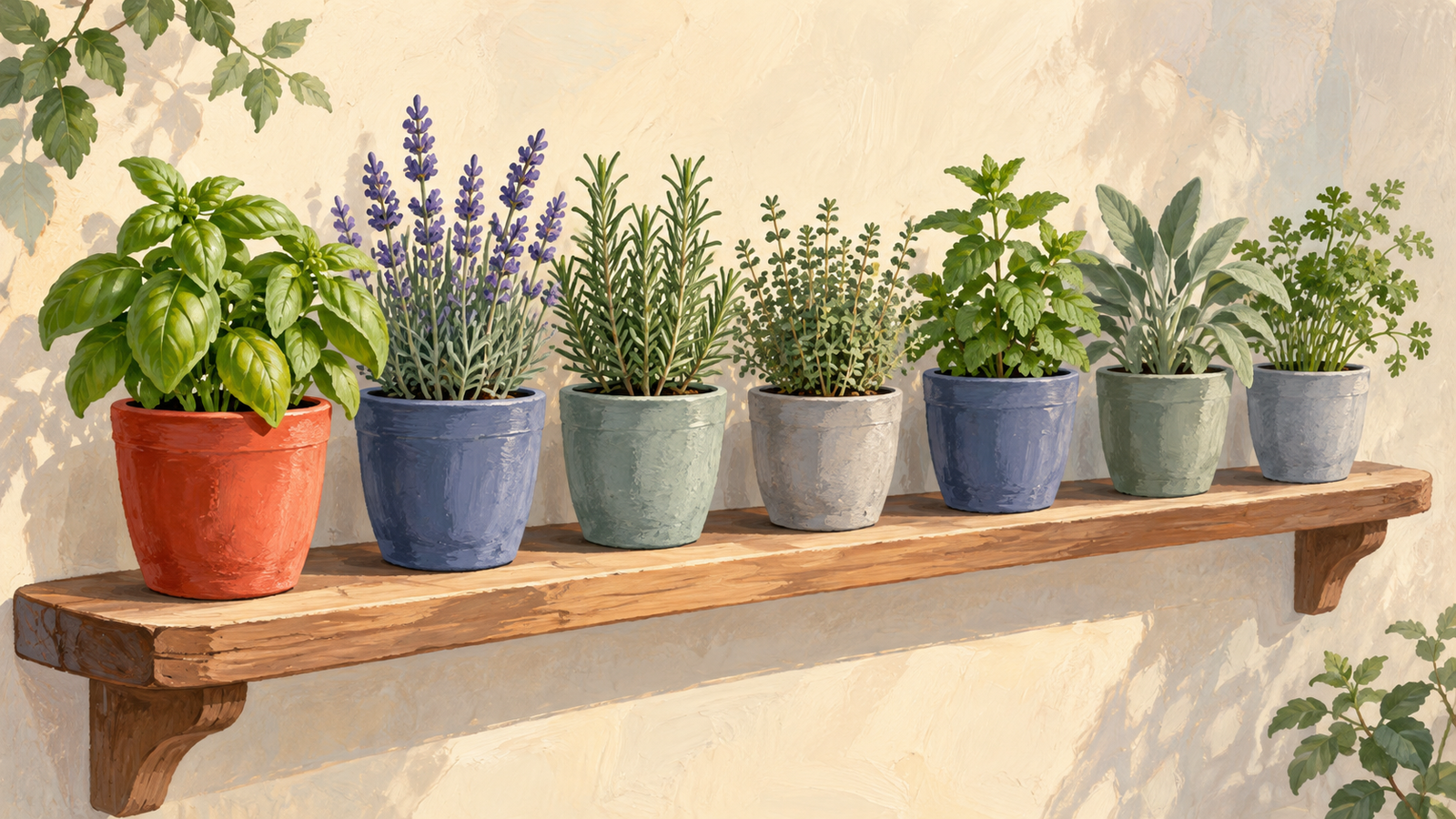 Seven herb pots form a sequence with the beginning marked by a vermilion pot