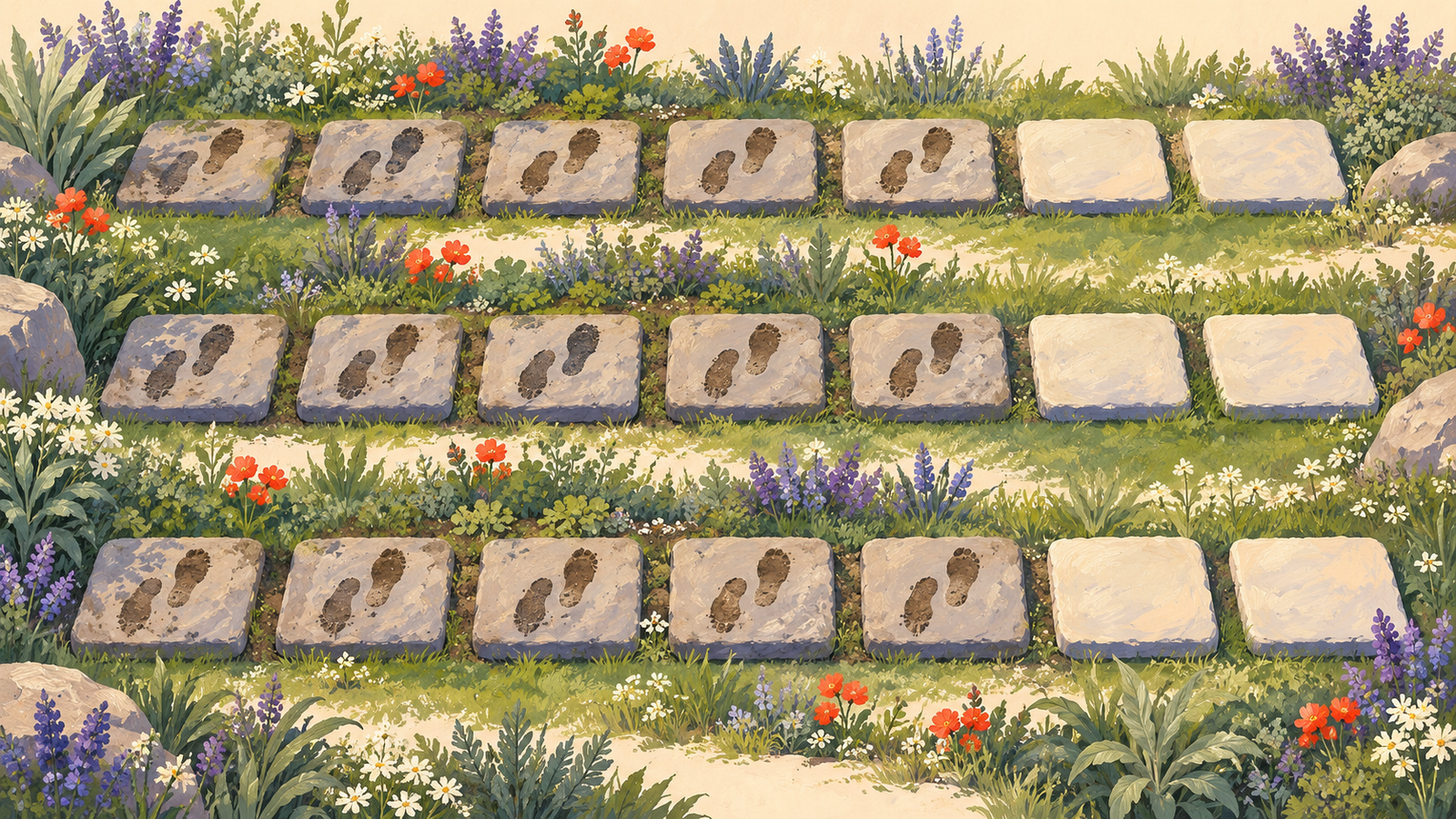 Repeating groups of stepping stones show five worn weekday stones followed by two unworn stones