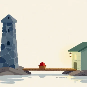 Gouache painting: two small islands, one with a slate-blue stone tower and one with a sage-green hut, joined by a narrow wooden footbridge with a basket carrying one vermilion fruit across