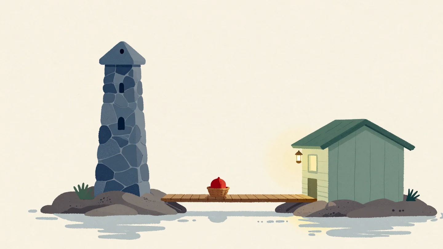 Gouache painting: two small islands, one with a slate-blue stone tower and one with a sage-green hut, joined by a narrow wooden footbridge with a basket carrying one vermilion fruit across