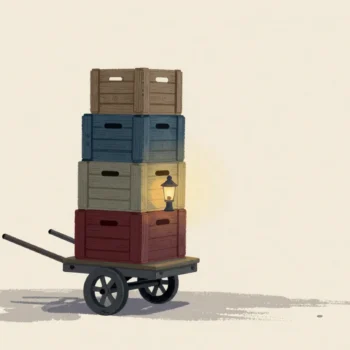 Gouache painting: a small wooden handcart moving along a garden path, its stack of crates growing taller with each step along the way; one crate is vermilion