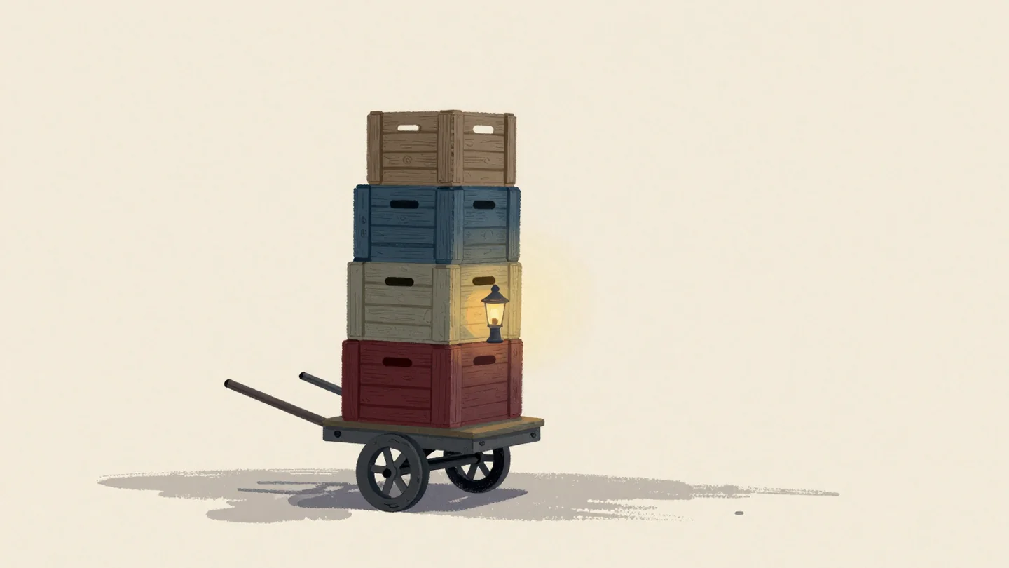 Gouache painting: a small wooden handcart moving along a garden path, its stack of crates growing taller with each step along the way; one crate is vermilion
