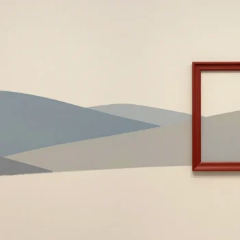 Gouache painting: a gallery wall with a long painted mural of rolling hills and an empty wooden picture frame held up against part of it; the frame is vermilion