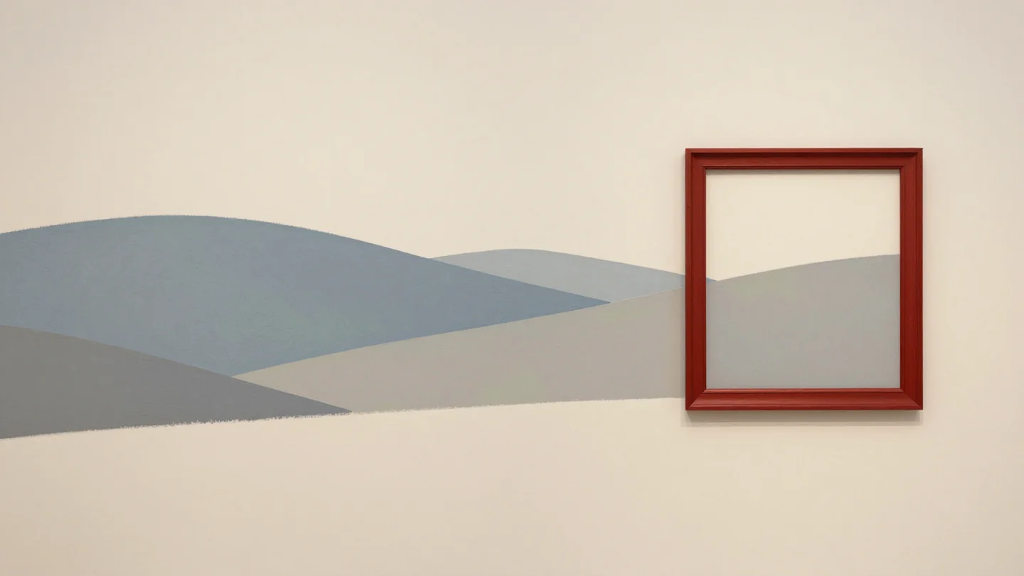 Gouache painting: a gallery wall with a long painted mural of rolling hills and an empty wooden picture frame held up against part of it; the frame is vermilion