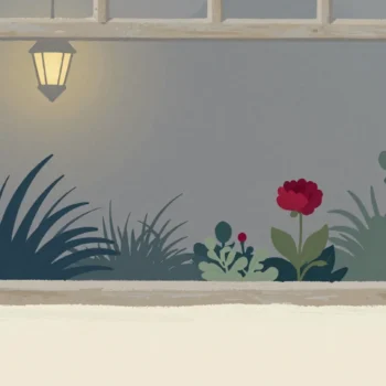 Gouache painting: a long garden bed of flowers seen through a wooden window frame that shows only part of the bed at a time; one vermilion flower sits inside the frame