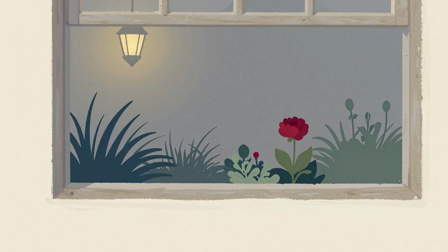 Gouache painting: a long garden bed of flowers seen through a wooden window frame that shows only part of the bed at a time; one vermilion flower sits inside the frame
