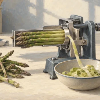 Aligned asparagus stems entering a mechanical peeler beside crossed stems