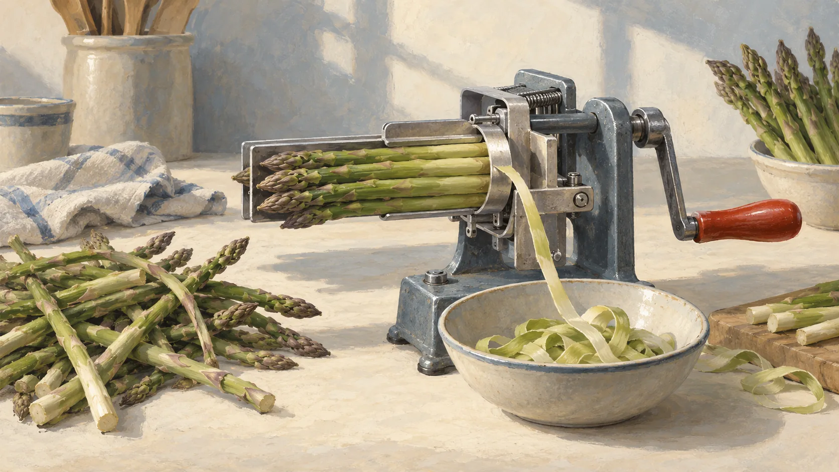 Aligned asparagus stems entering a mechanical peeler beside crossed stems
