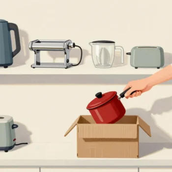 A dusty high kitchen shelf of forgotten appliances, a hand lifting a red fondue pot down into a box.