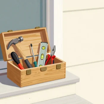A small open wooden toolbox on a porch step holding a hammer, screwdriver, spirit level and pliers.