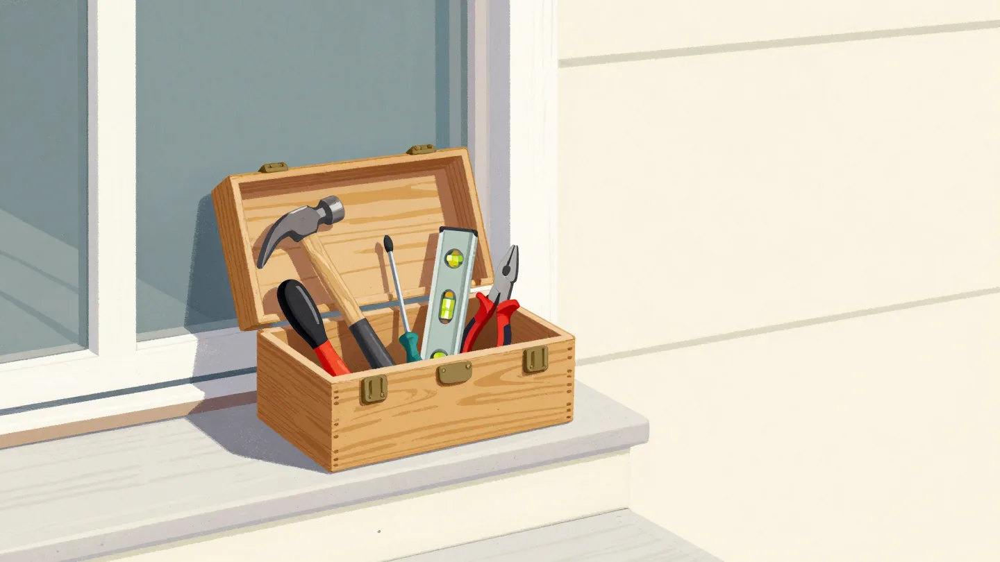 A small open wooden toolbox on a porch step holding a hammer, screwdriver, spirit level and pliers.