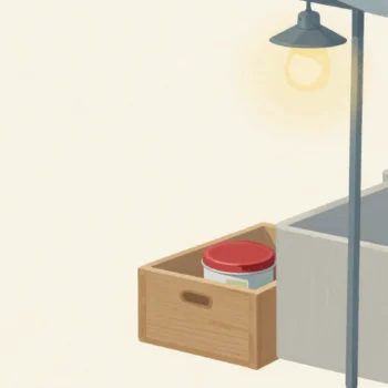Gouache painting: a small vermilion-lidded tin sitting inside a fixed-size wooden box on a market stall, with a larger empty box beside it