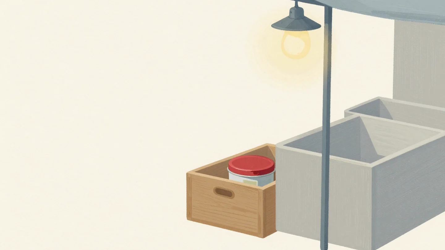 Gouache painting: a small vermilion-lidded tin sitting inside a fixed-size wooden box on a market stall, with a larger empty box beside it