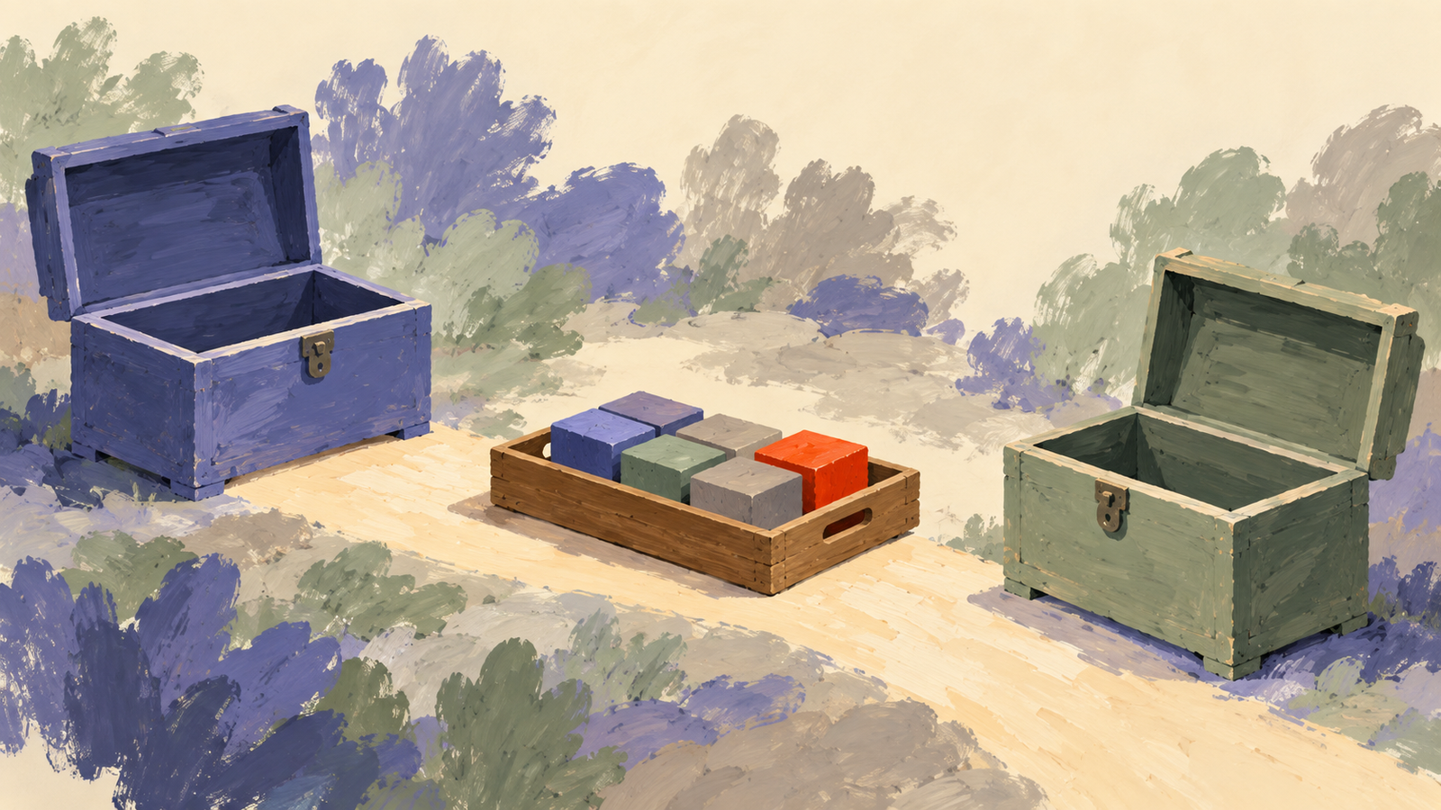 A tray holds the contents being moved between two storage chests