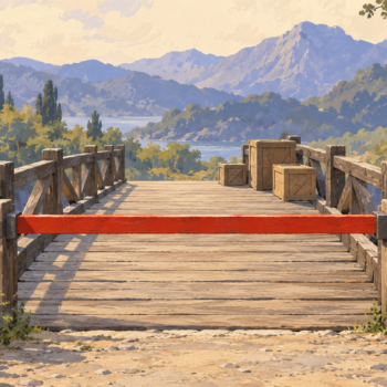 A closed vermilion barrier stops access to an intact wooden bridge