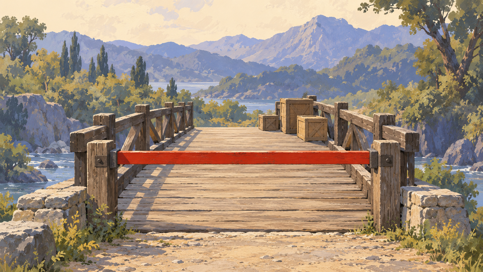 A closed vermilion barrier stops access to an intact wooden bridge