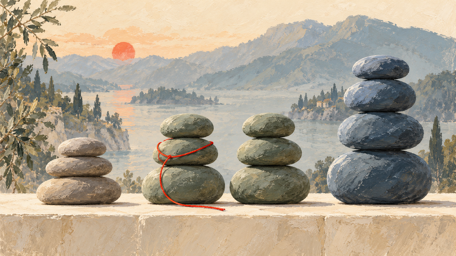 Stone stacks have three distinct heights, with two middle-height stacks and one marked by a vermilion thread