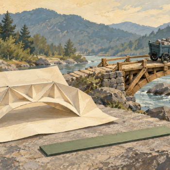 A folded paper bridge model sits beside a wooden bridge carrying a loaded cart