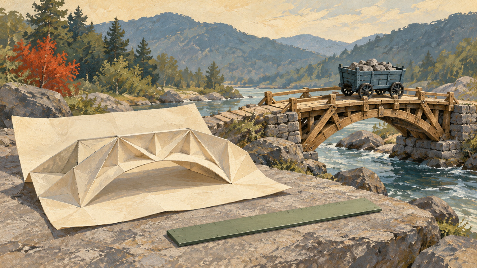 A folded paper bridge model sits beside a wooden bridge carrying a loaded cart