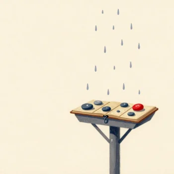A garden rain gauge on a post beside a board of pebbles, one red pebble for today