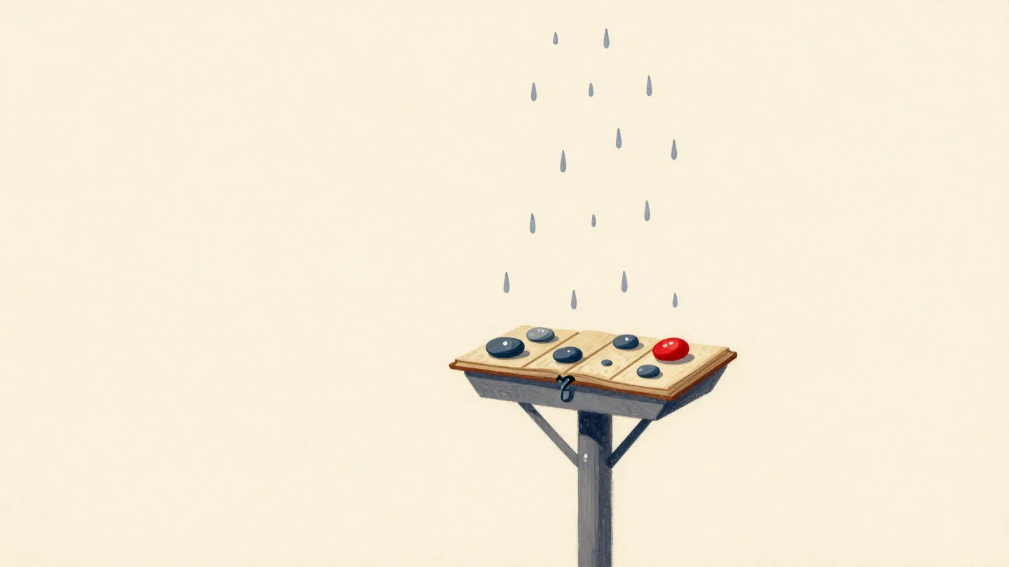 A garden rain gauge on a post beside a board of pebbles, one red pebble for today