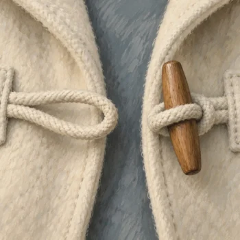 Wooden coat toggle passing through one of two fabric loops