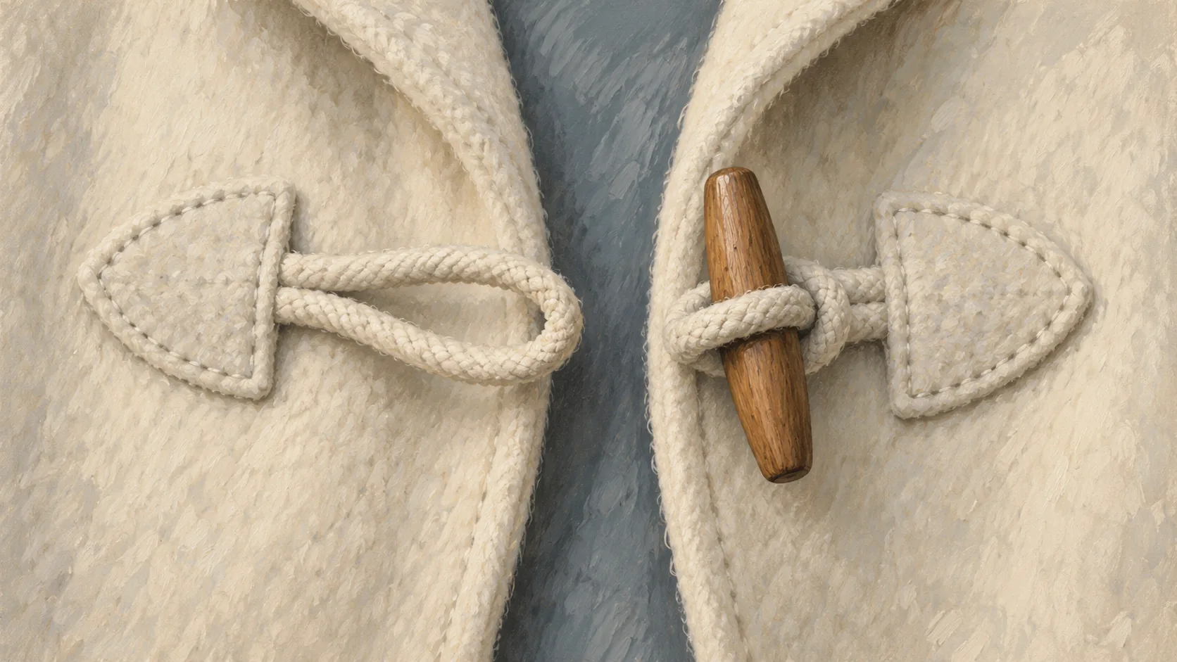 Wooden coat toggle passing through one of two fabric loops
