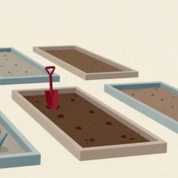 A community garden of separate raised beds, each with its own tools, a red trowel in one