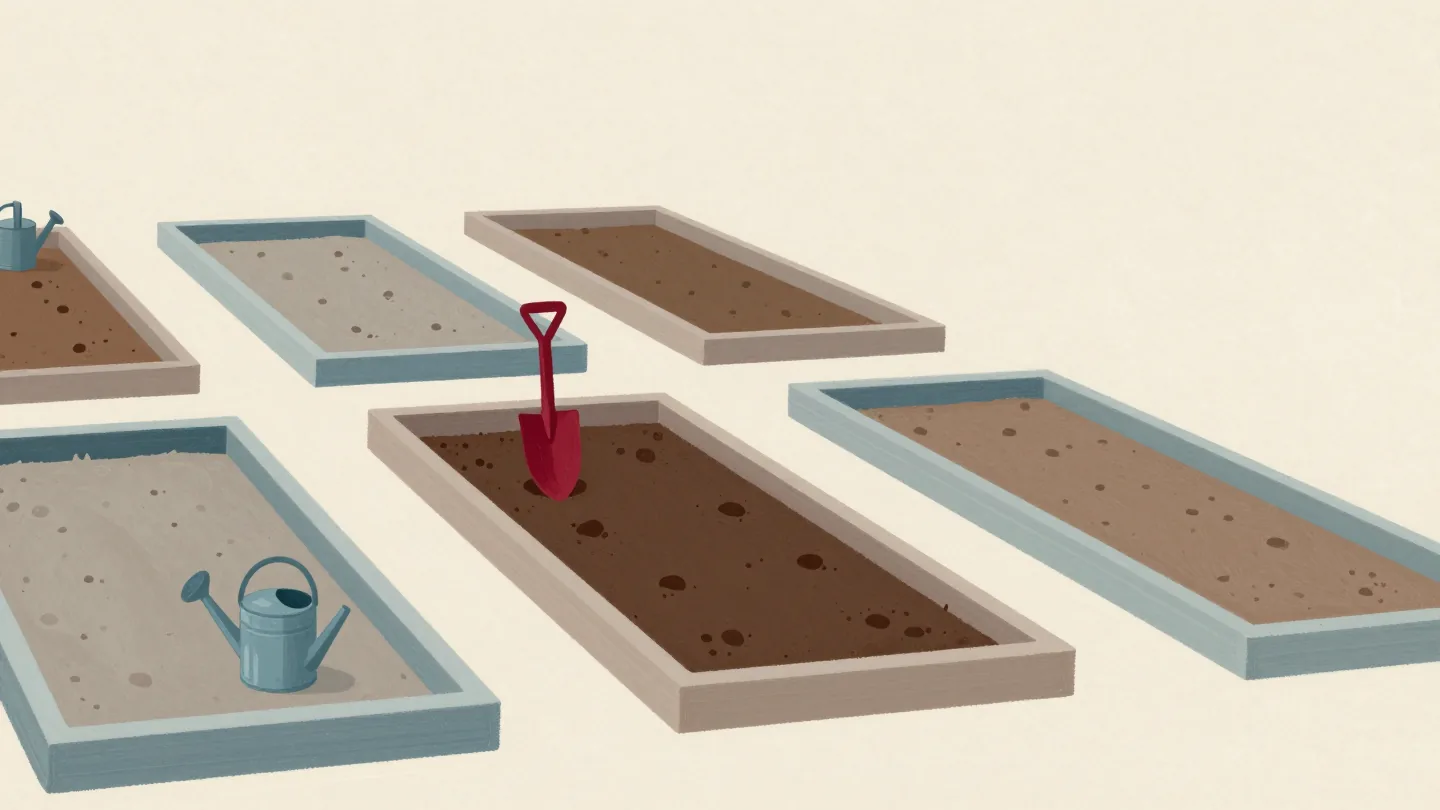 A community garden of separate raised beds, each with its own tools, a red trowel in one