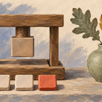 A fixed square die produces matching tiles while naturally different leaves stand in a vase