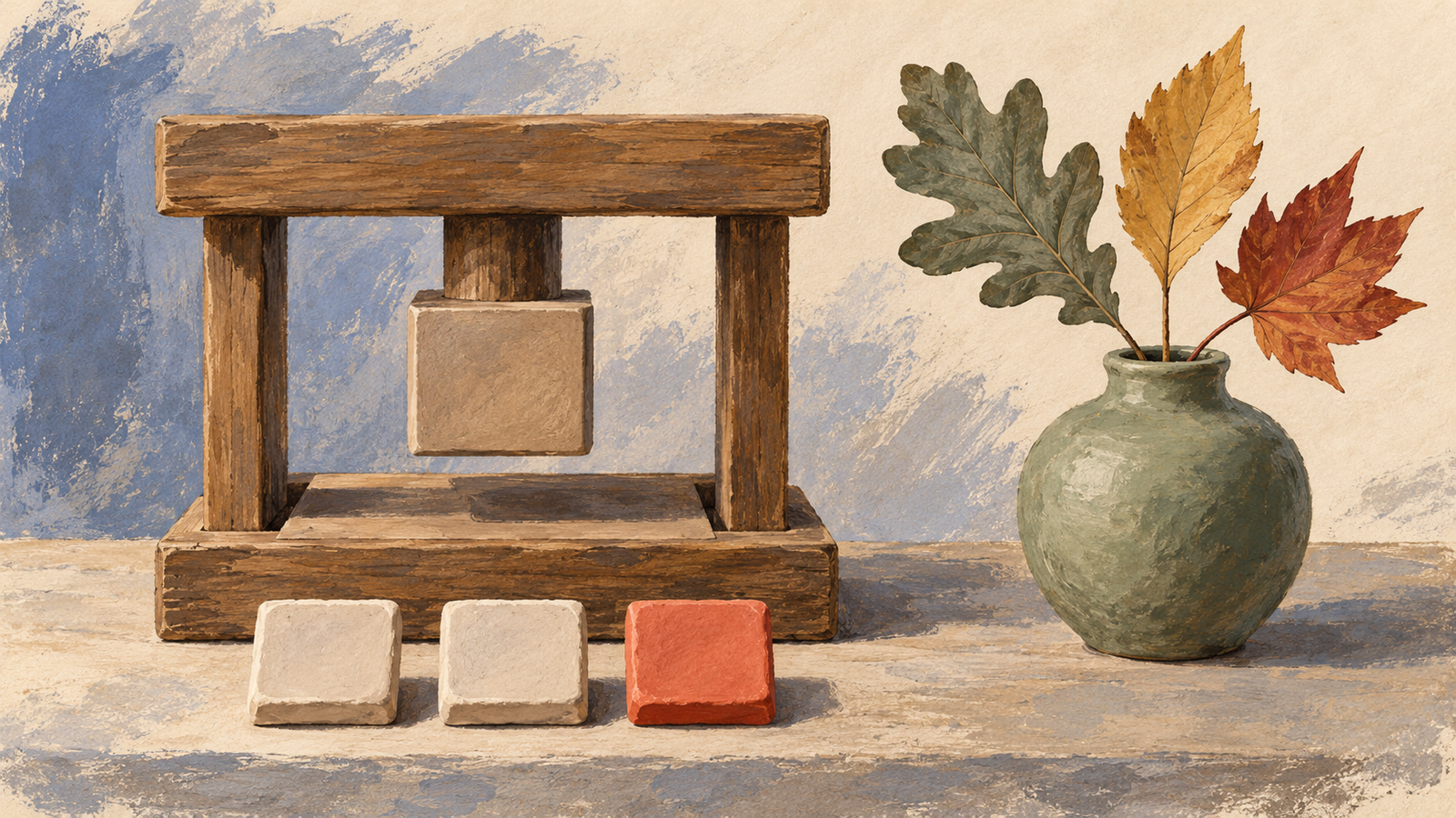 A fixed square die produces matching tiles while naturally different leaves stand in a vase